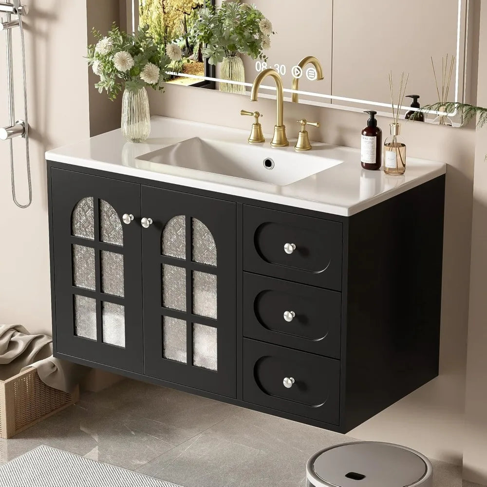 36 Inch Floating Bathroom Vanity with Ceramic Sink, Wall Mounted Bathroom Cabinet with 3 Drawers & Soft-Close System Cabinet, B