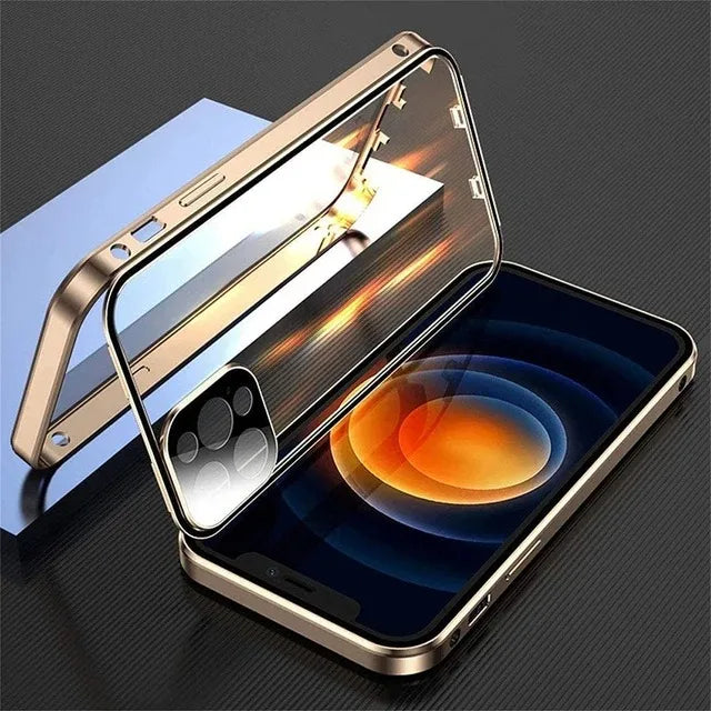 360 Full Protection Metal Magnetic Double Sided Glass Snap Lock Phone Case Shockproof Cover