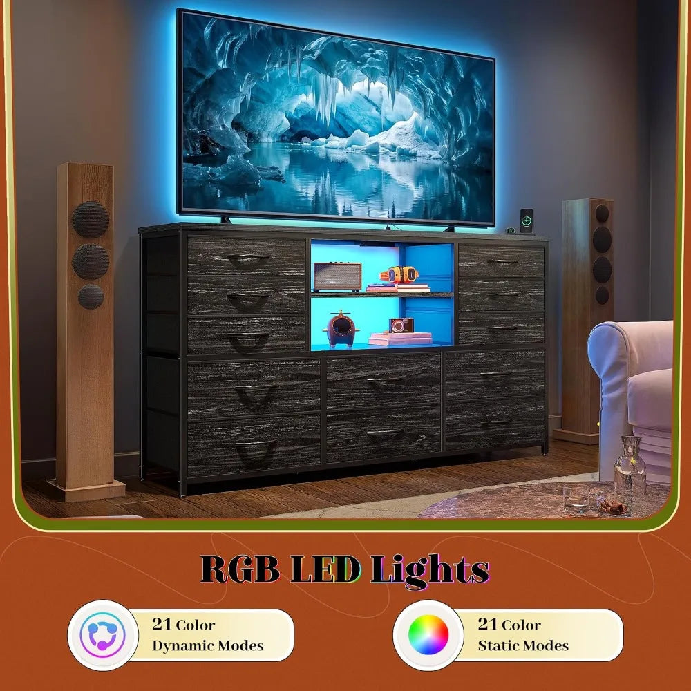LED Bedroom Dresser with Charging Station & Storage Drawers