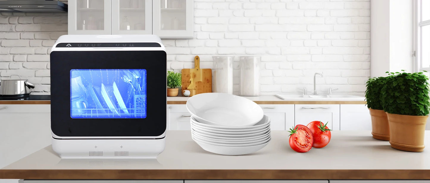 Countertop Dishwasher, Portable Dishwasher with 5 Washing Programs, Compact Dishwasher Glass Door, Rapid & Fruit Wash, 5L Water