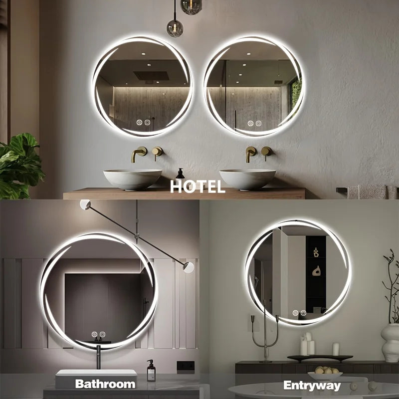 Circular LED Bathroom Mirror with Integrated Lighting | Anti-Fog Technology | Touch-Sensitive Dimmable | HD Makeup And Shaving Mirror | Wall-Mounted Vanity with Memory Function | US Standard Plug/Switch | 20" Diameter | Moder