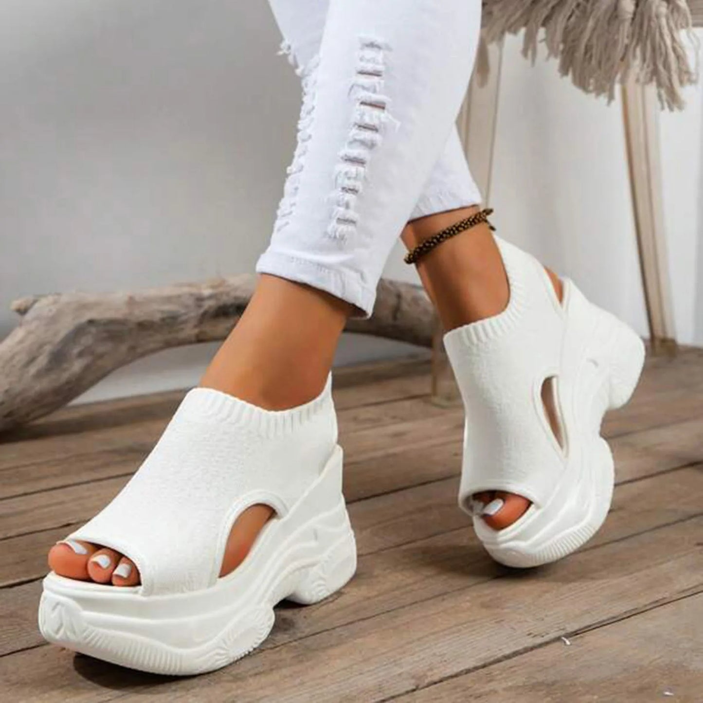 Thick Soled Sandals For Women Summer Mesh Breathable Peep Toe Sloping Heel Sandals Plus Size Sports Walking Mesh Flat Shoes