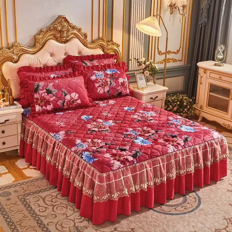 Luxury European Velvet Quilted Bed Skirt Set