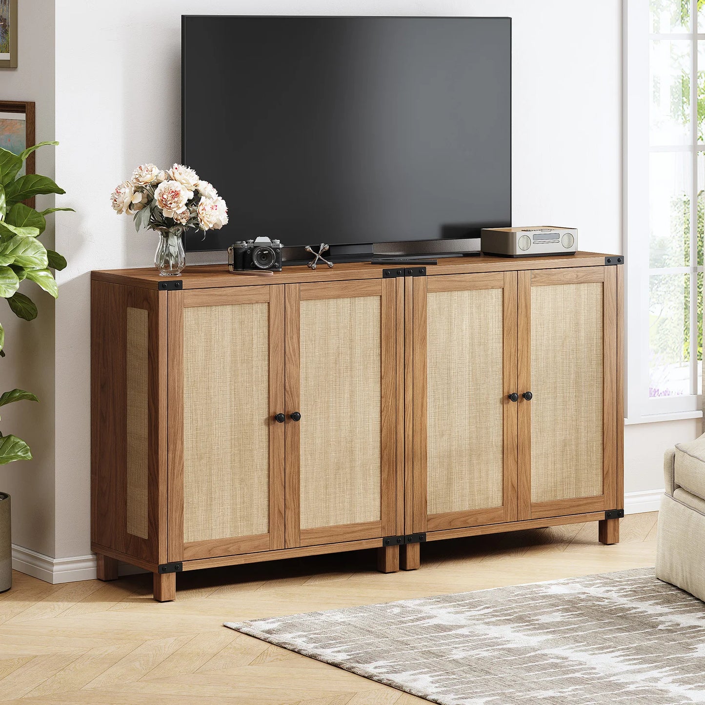31.5" Rattan Style Credenza Sideboard Buffet Cabinet with 2 Soft-Close Doors & Adjustable Shelves for Living Room, Hallway