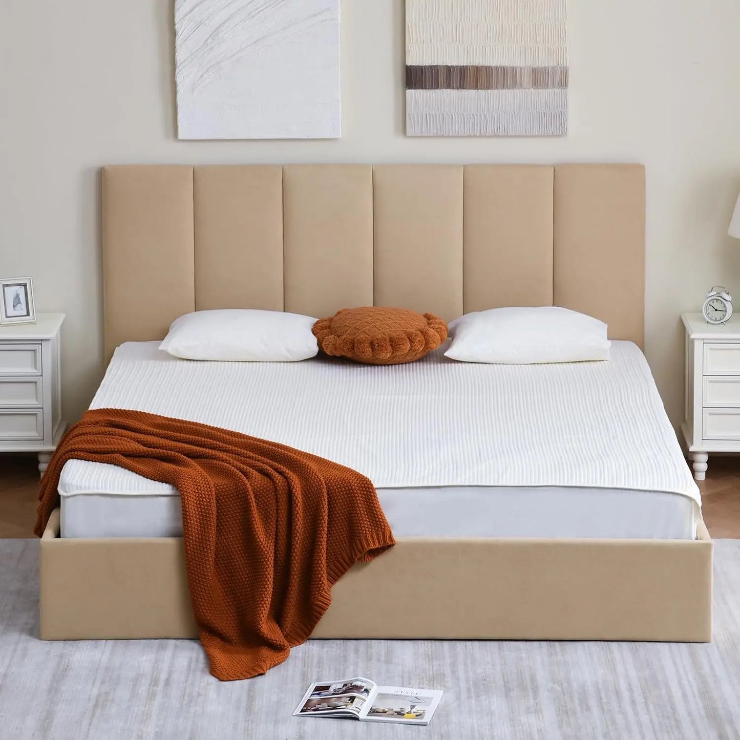 King Size Upholstered Lift-Up Storage Bed with Headboard