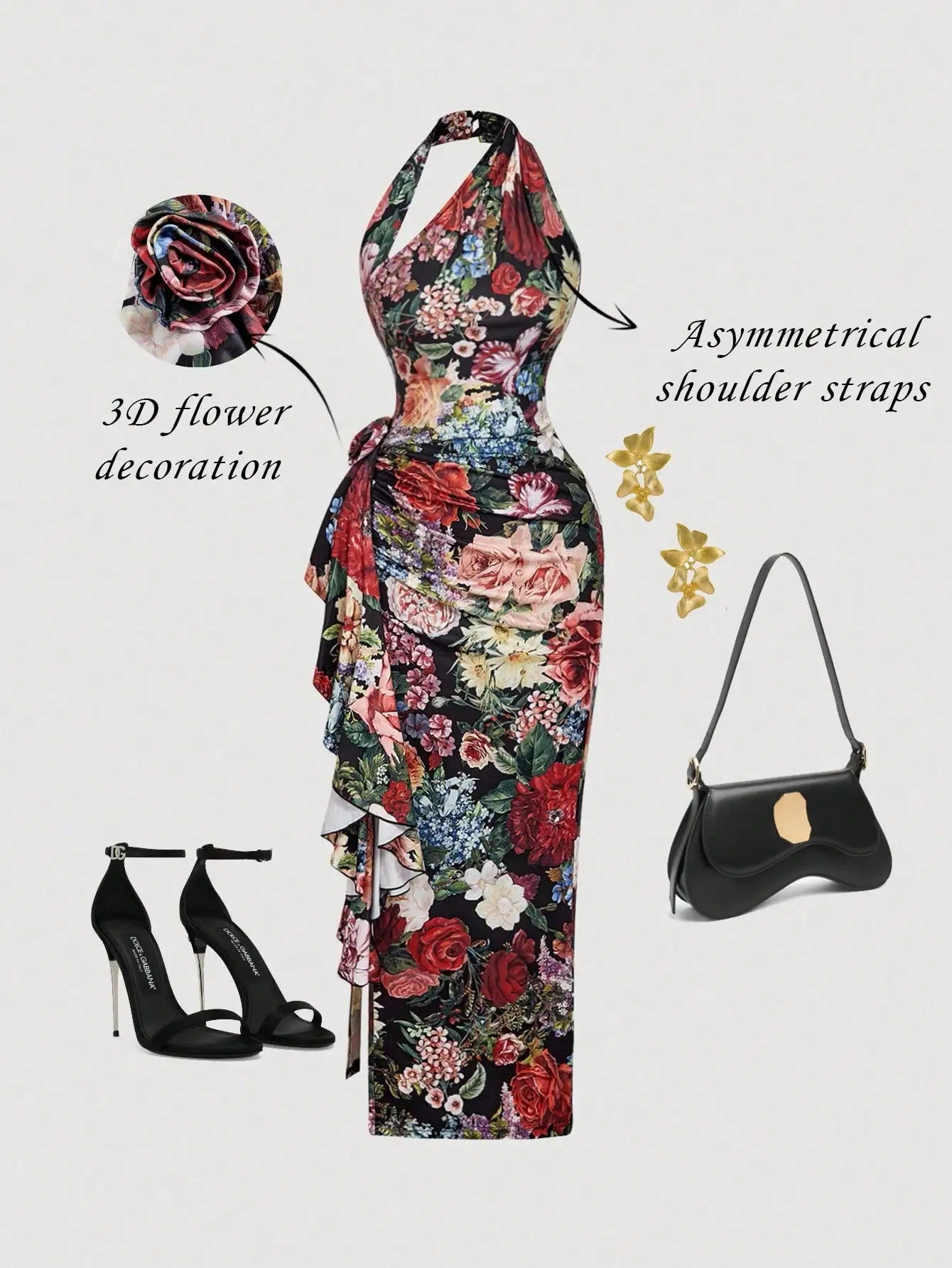 SHEIN MOD 1pc Women's Foldable Halter Neck Floral Decor Bodycon Long Dress,Country Concert