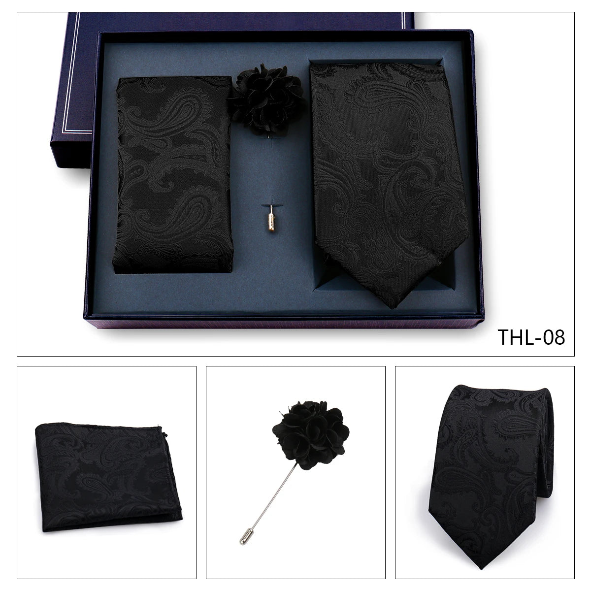 Luxury Men’s Paisley Necktie Gift Set. Silk Tie, Pocket Square, Cufflinks & Gift Box for Weddings & Business