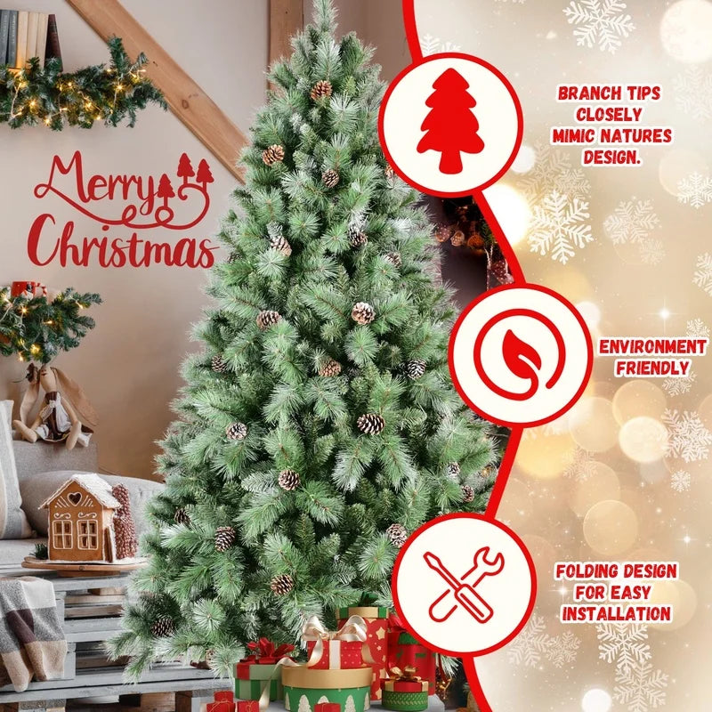 7FT Premium Artificial Christmas Tree with 1,348 Tips & 82 Pine Cones ,Realistic Holiday Décor
