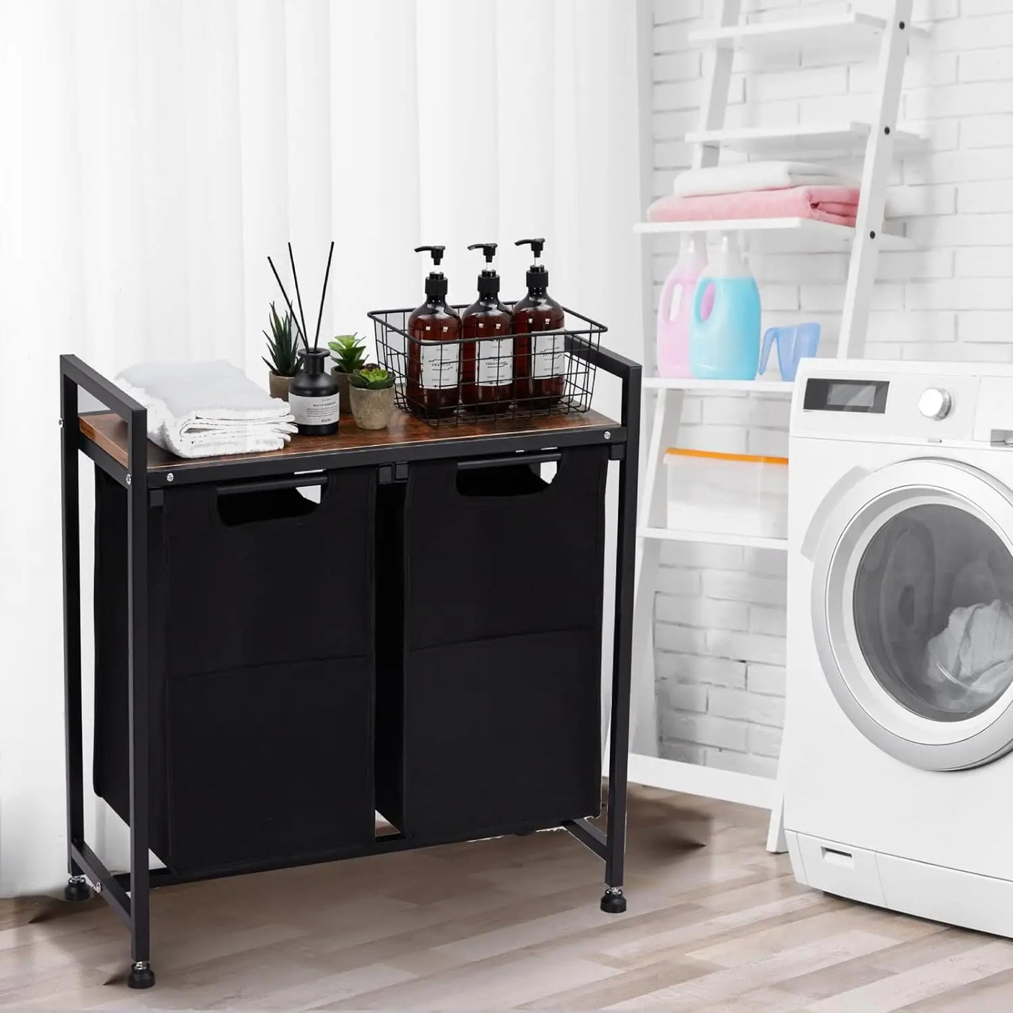 2 Section Laundry Hamper Organizer with Removable Bags and Storage Shelf