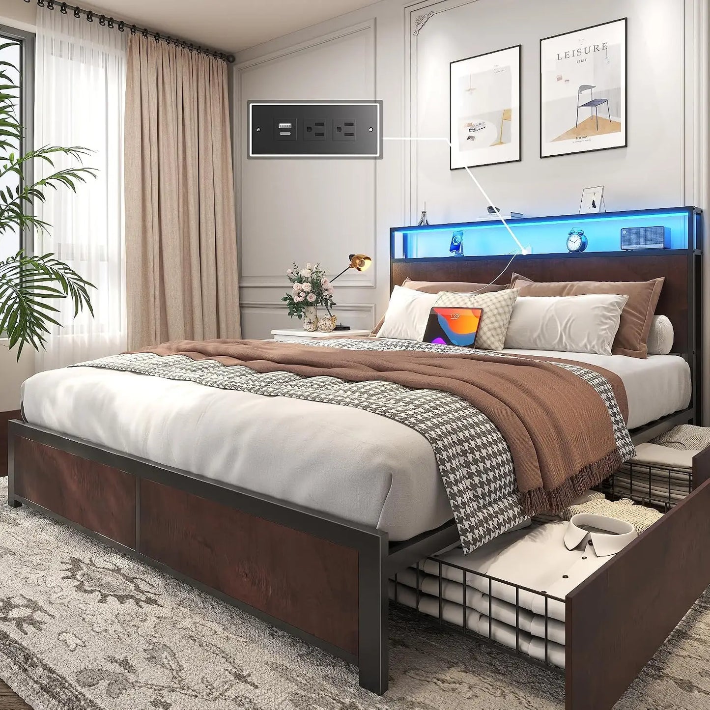 Queen Bed Frame with LED Lights, Charging Station & Storage Headboard