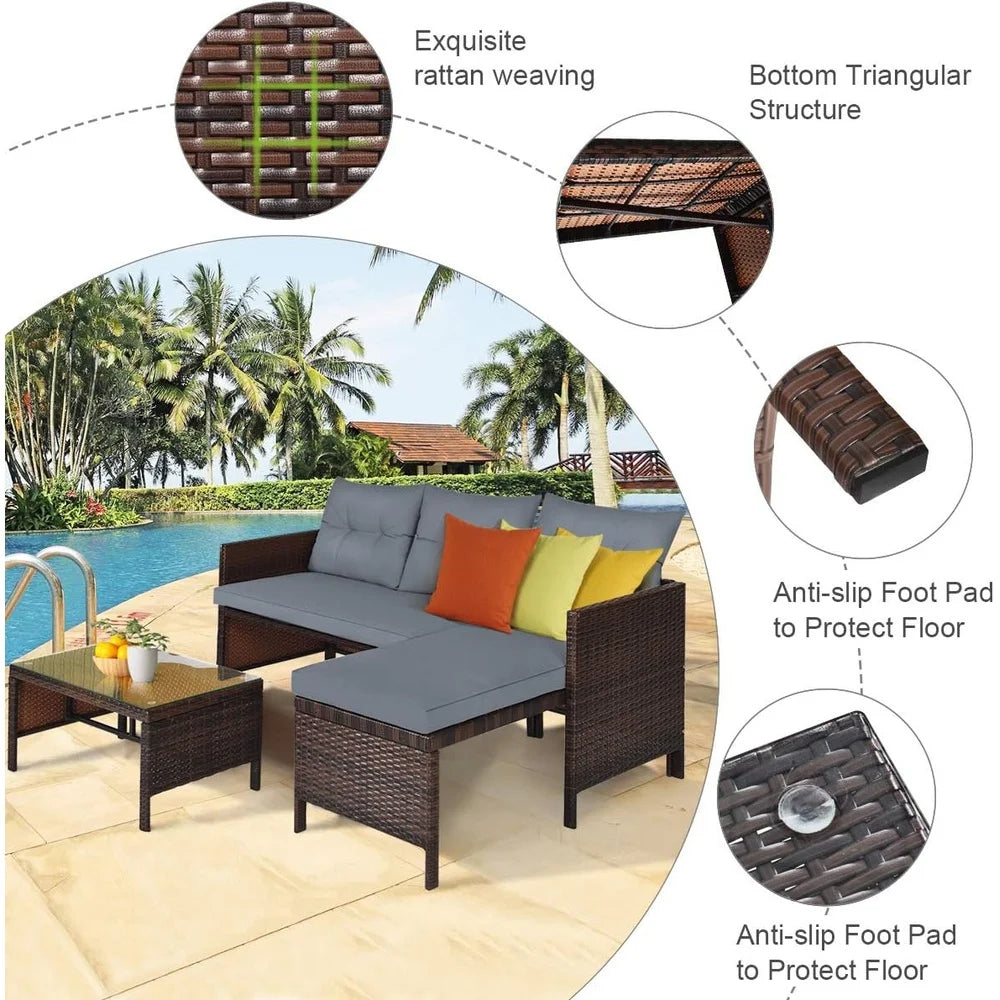 3 Pieces Outdoor Patio Conversation Set L Shape Rattan Wicker Sofa Set with Cushions and Coffee Table Garden Lawn Porch