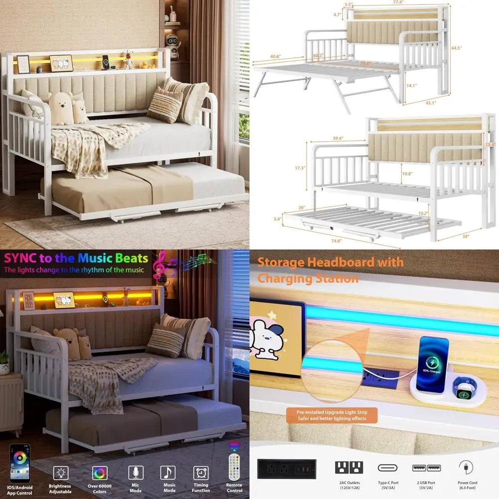 "durable metal daybed with lift trundle, twin bed frame with padded headboard and usb charging port"