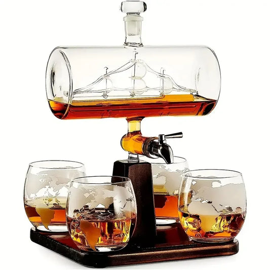 1pcs, 1300ml/44oz decanter+4pcs, 300ml/10oz glass cups, smooth sailing decanter set, suitable for home bars