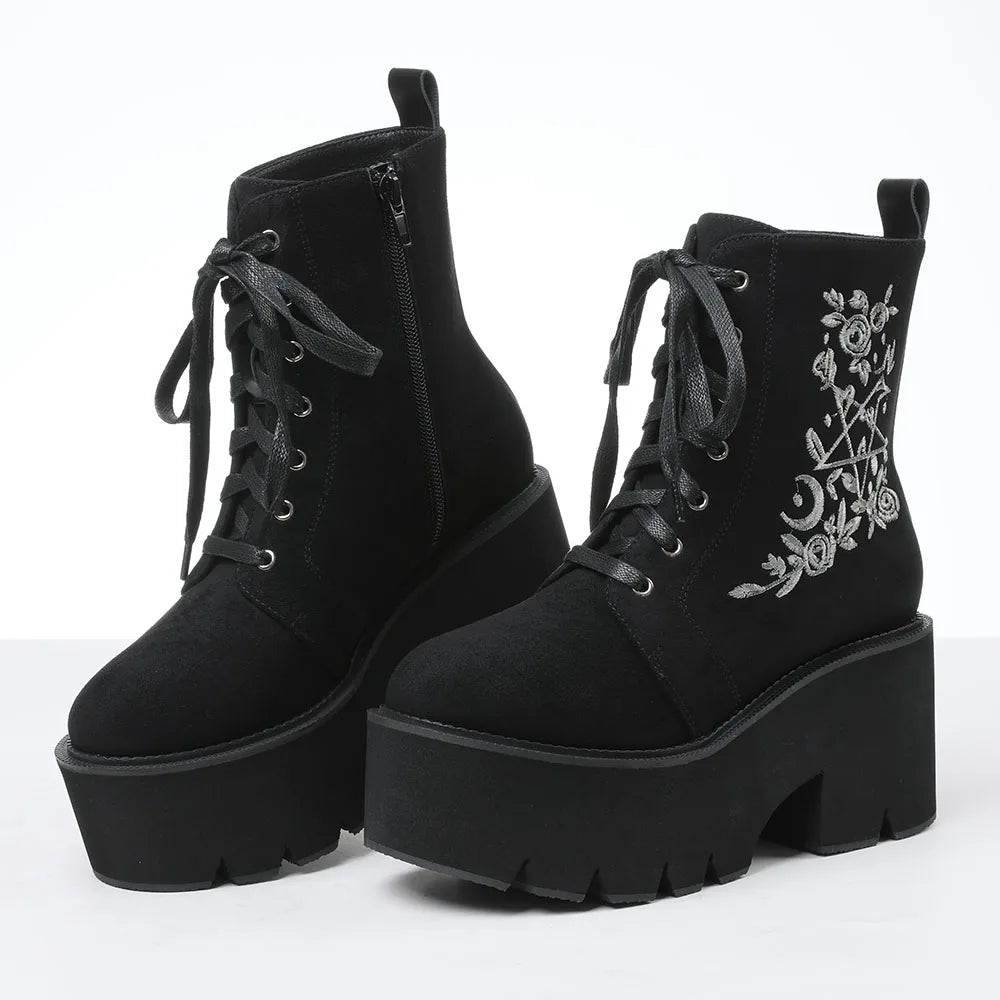 Stylish Goth Motorcycle Women Ankle Boots Embroidered Street Thick Bottom Y2k Chunky High Heels Platform Short Booties Halloween