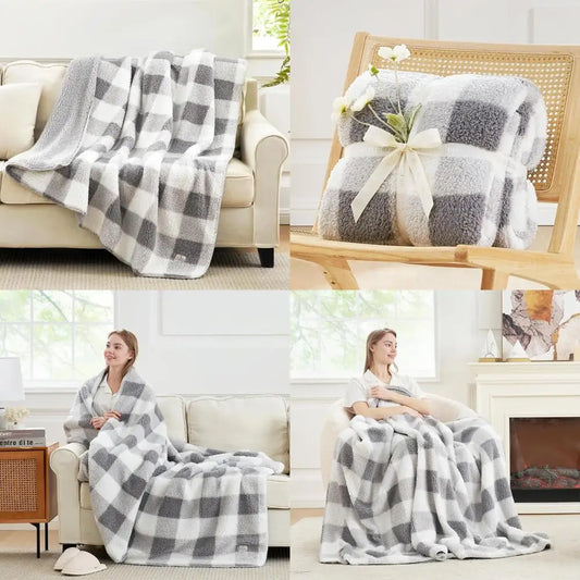 ultra soft reversible double sherpa sided blanket, buffalo plaid throw blanket fluffy thick warm plush fuzzy blanket for couch,
