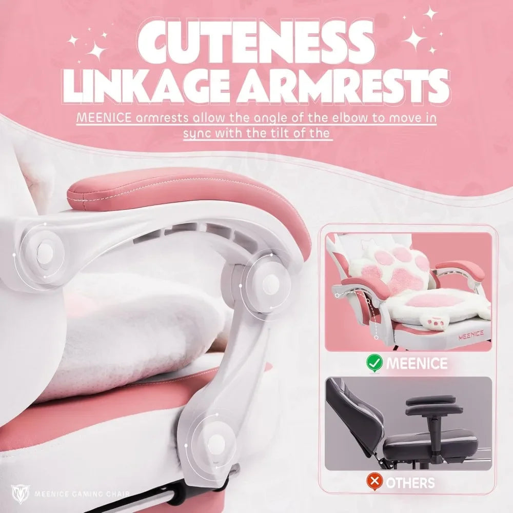 Pink Gaming Chair Cute with Cat Ears Paw Lumbar and Cushion,Ergonomic Computer Chair with Footrest,Reclining PC Game Chair for G