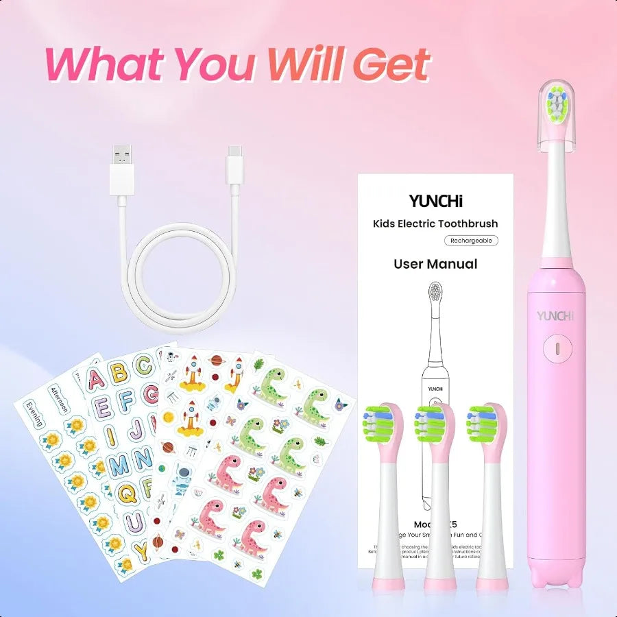 K5 Electric Toothbrush Rechargeable with Waterproof Stickers odes with 2 Minutes Timer Toddler Sonic Toothbrush for Girls Ages