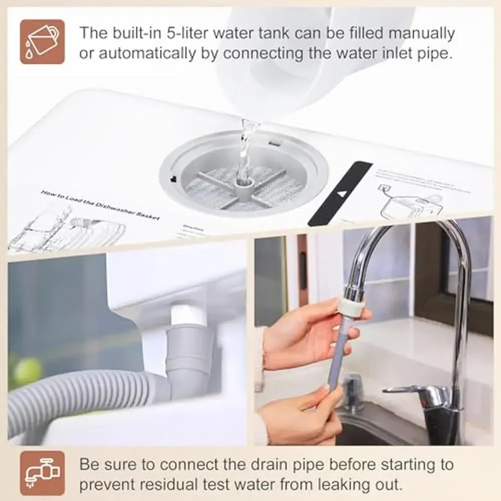 Portable Countertop Dishwasher with 5 Wash Programs Double Sprays Touch Screen Switch Hot Air Drying Mode and 2 Water Supply