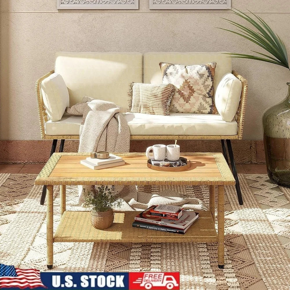 Patio Wicker Rattan Loveseat Set With Cushions Side Table