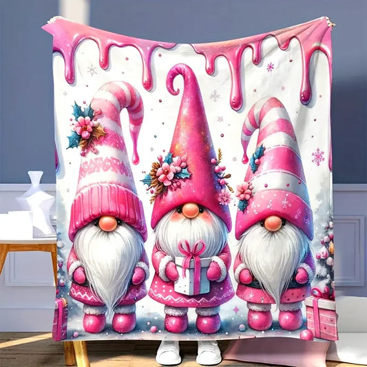 Cozy Christmas Gnome and Bell Print Flannel Blanket - Soft, Warm, and Versatile for Sofa, Office, Bed, Camping, and Travel