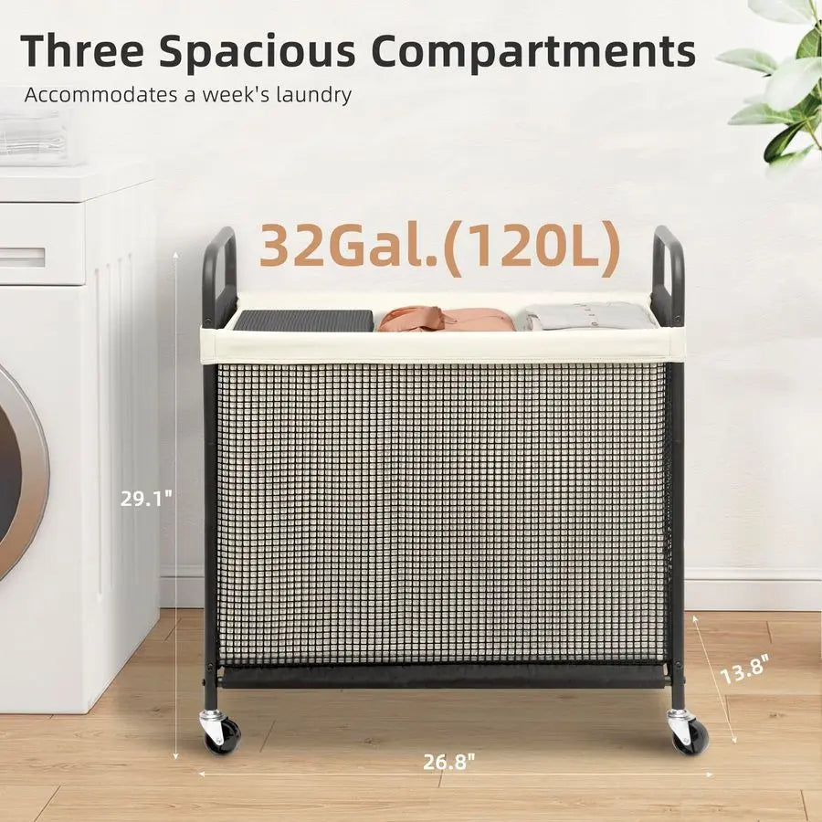 3 Section Rolling Laundry Hamper with Wheels .Large Capacity Laundry Sorter Cart for Home Organization