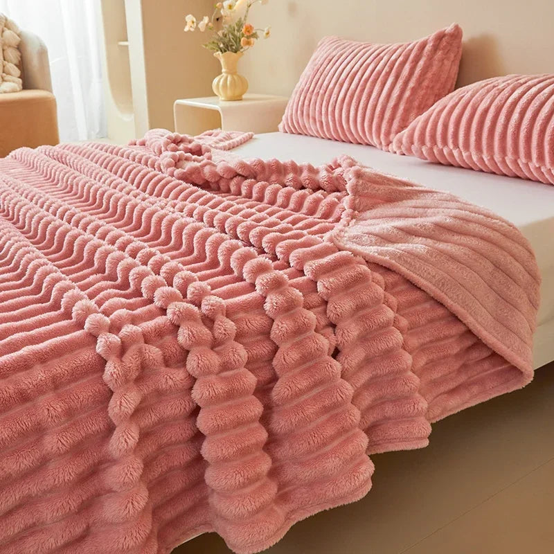 Cozy Striped Velour Blanket – Ultra Soft Warm Ribbed Plush Throw, Ideal for Sofa, Nap, Office, Travel, All Season Use, Machine Washable