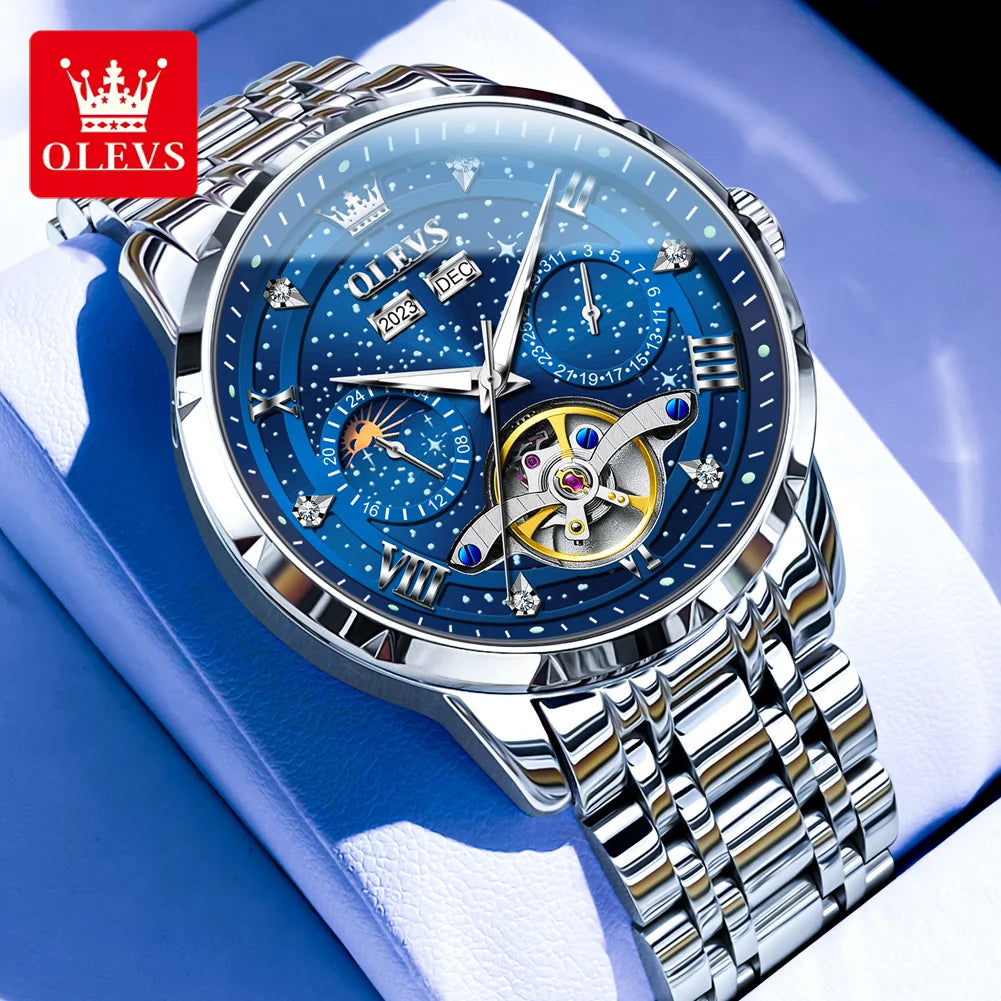 Men’s Luxury Skeleton Watch – Stainless Steel Starry Dial Design