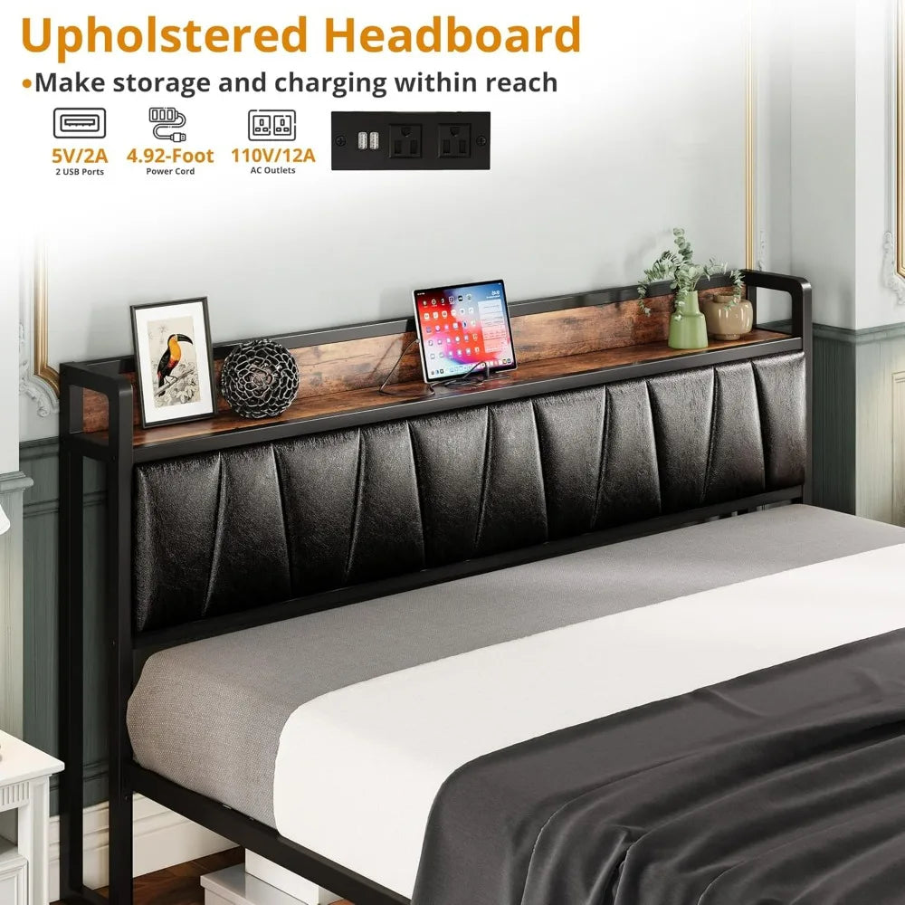 "california king platform bed frame with storage headboard and charging station, drawers included, no box spring required"