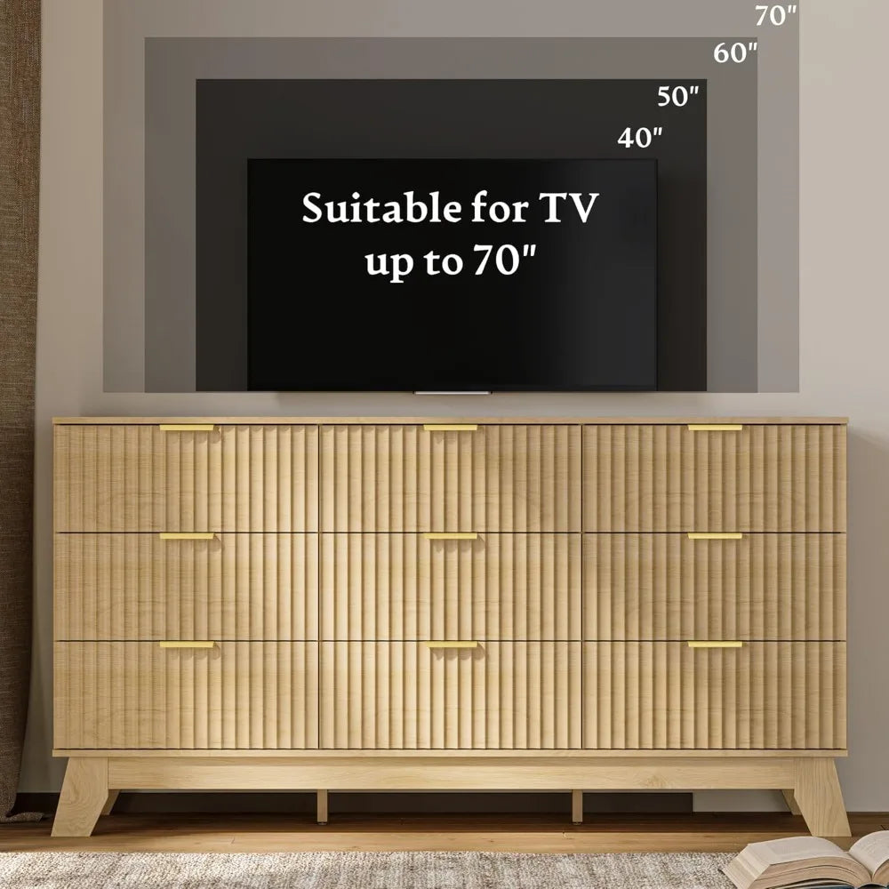 Fluted Dresser for Bedroom with 9 Drawers, 57" Nature Wood Dressers Chest of Drawers, Mid Century Modern Dresser TV Stand, Boho