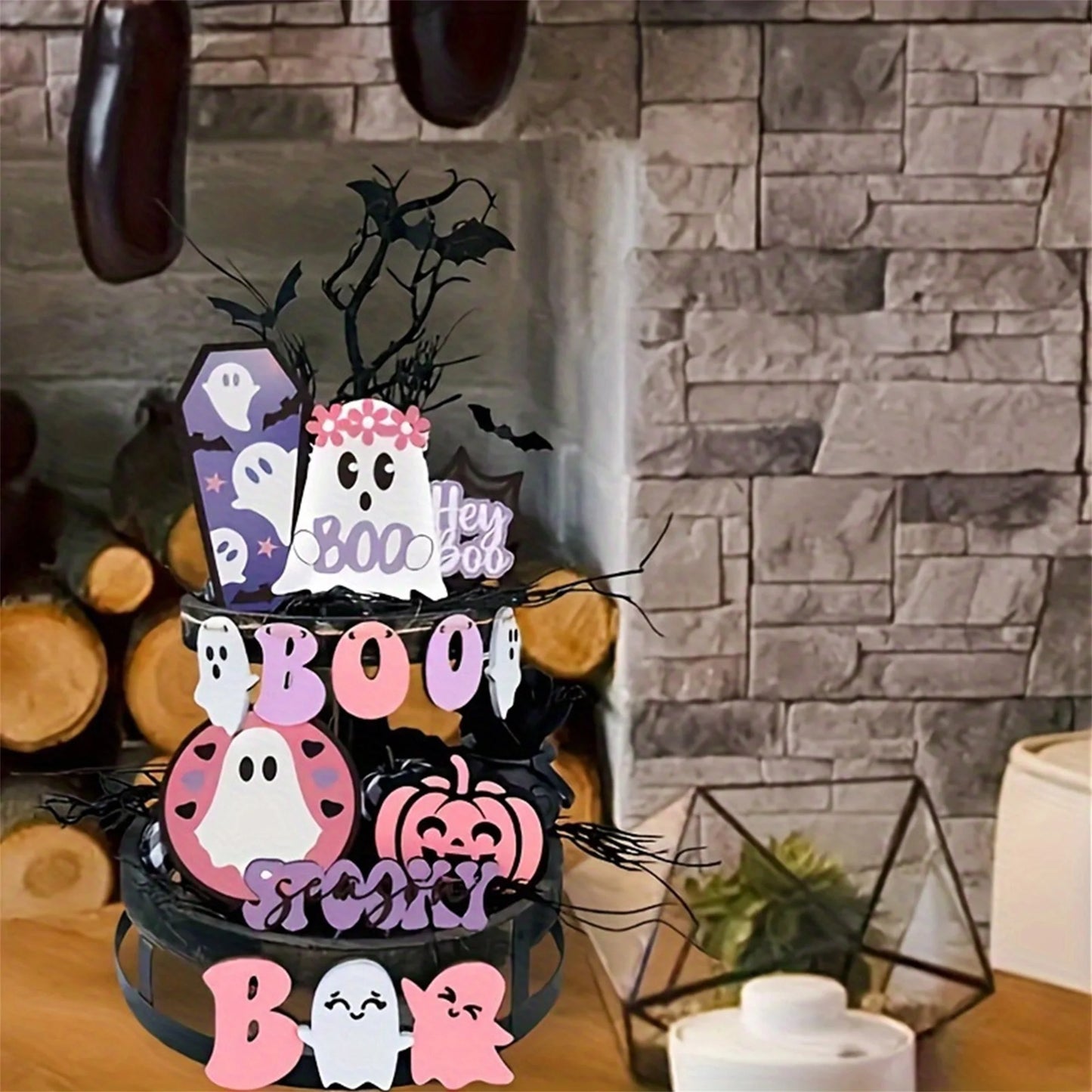 Halloween Party Decor Set with 14pcs Cute Ghost Pumpkin Wooden Signs Ornaments for Home Table Tiered Tray Supplies