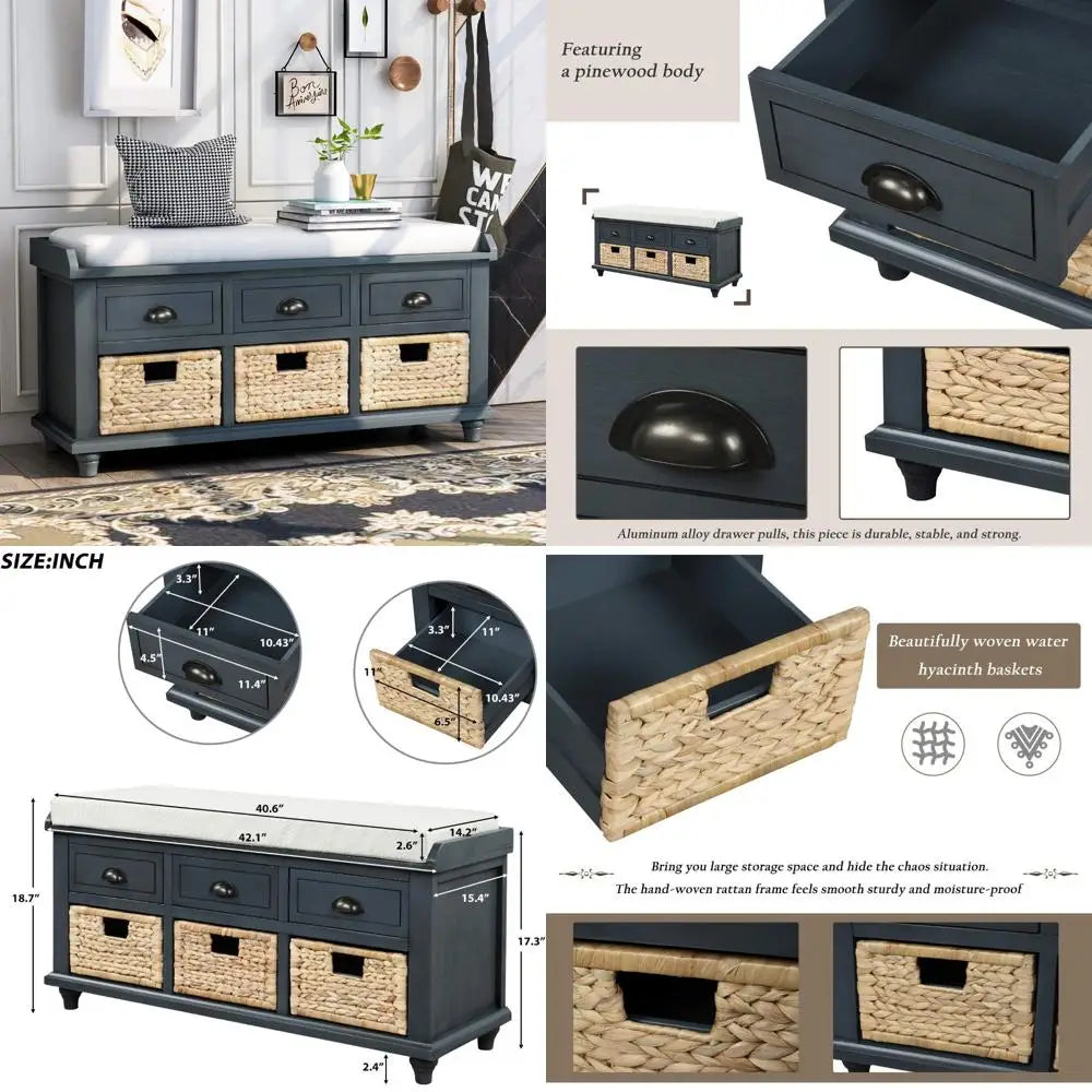 6-Drawer Storage Bench by Knocbel Farmhouse, Ideal for Entryway, Hallway, or Bedroom, with Removable Cushion