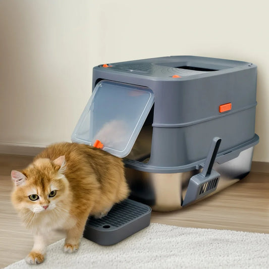 Extra Large Stainless Steel Cat Litter Box Full Enclosed Cat Litter Tray Pan High Sided Enclosure Removable Lid with Scoop