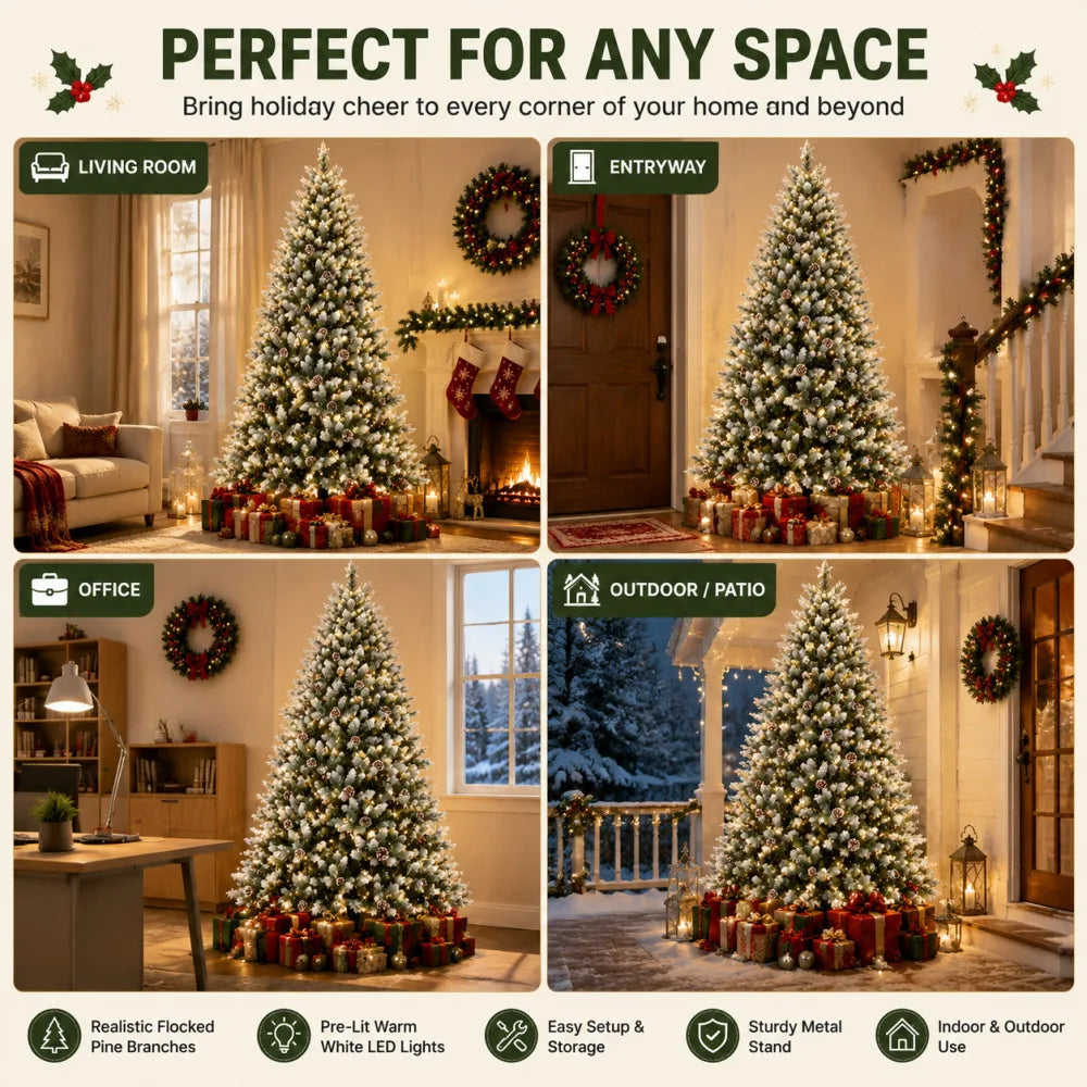 Pre-Lit Flocked Artificial Christmas Tree 6‘/9’ with Warm White LED Lights, Realistic Pine Branches, Snow Covered Xmas Tree, Slim Space Saving Design, Sturdy Metal Stand, Indoor Outdoor Holiday Decoration