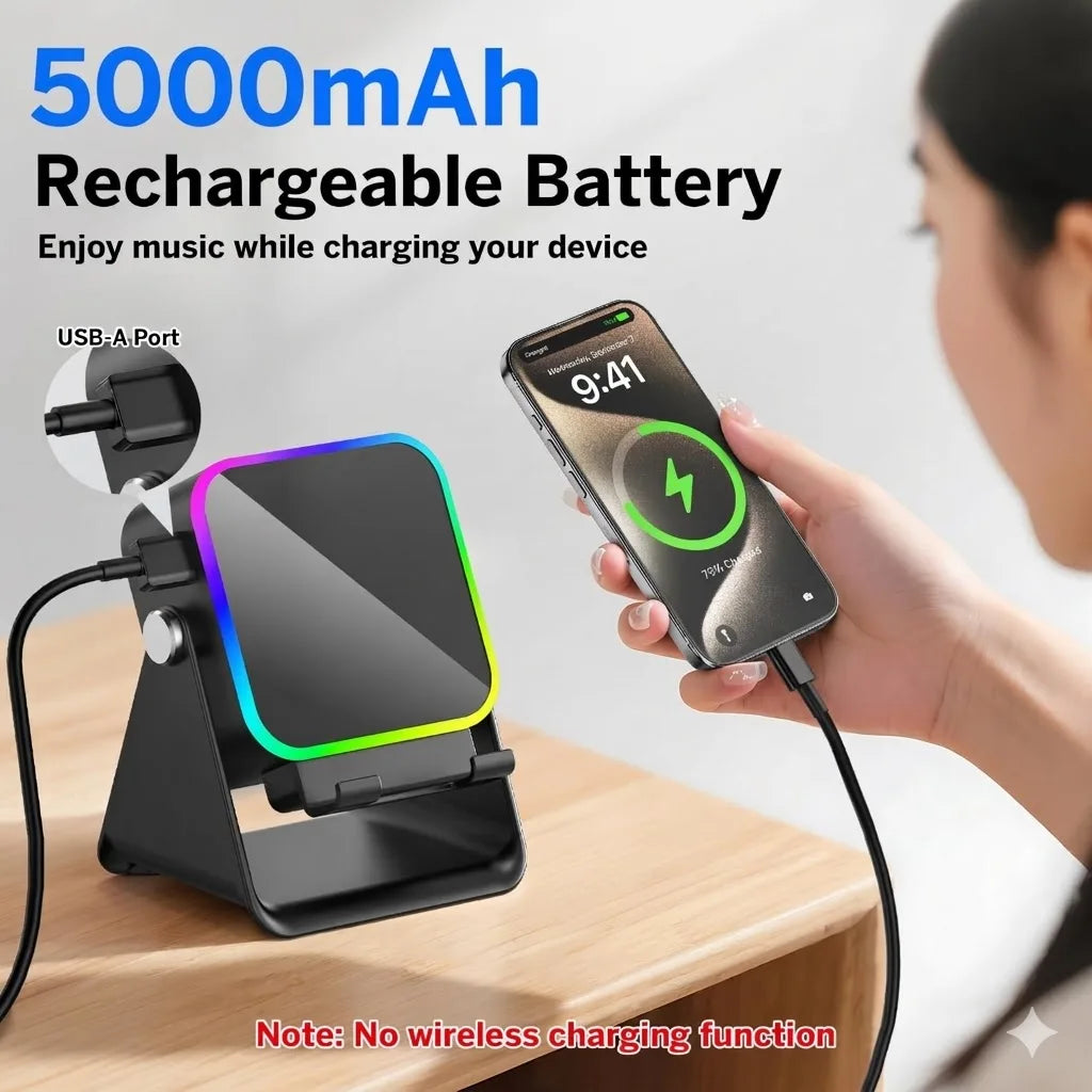 5-in-1 Wireless Charging Speaker Phone Stand with RGB Light and Bluetooth Audio