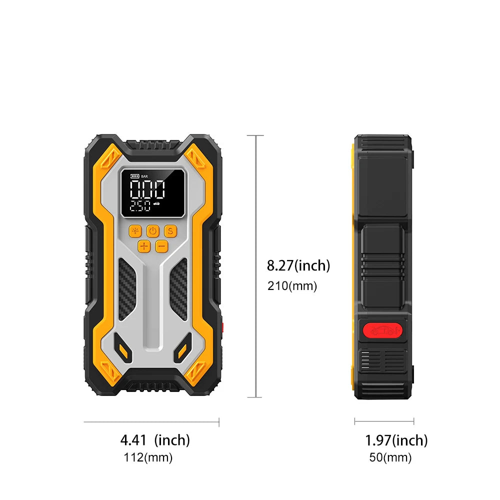 Portable Car Jump Starter with Digital Tire Inflator | 12V Battery Booster Pack | Air Compressor | LED Flashlight | USB Power Bank