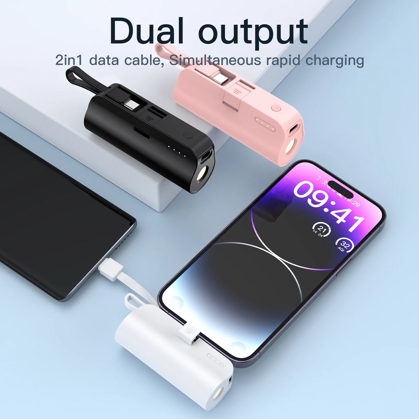 Mini 5000mAh Portable Power Bank with Built-In Charging Cable, LED Display & Dual Output Fast Charger
