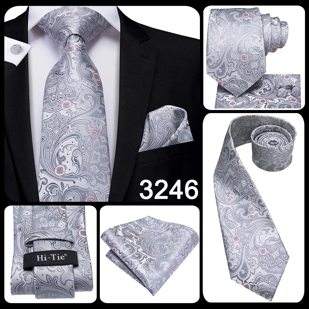 Hi-Tie Luxury Silver Men’s Necktie Set with Pocket Square & Cufflinks | Wedding, Business & Formal Events