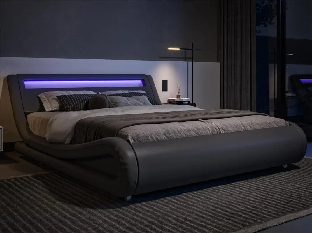 Queen Size Upholstered Platform Bed with Adjustable LED Headboard