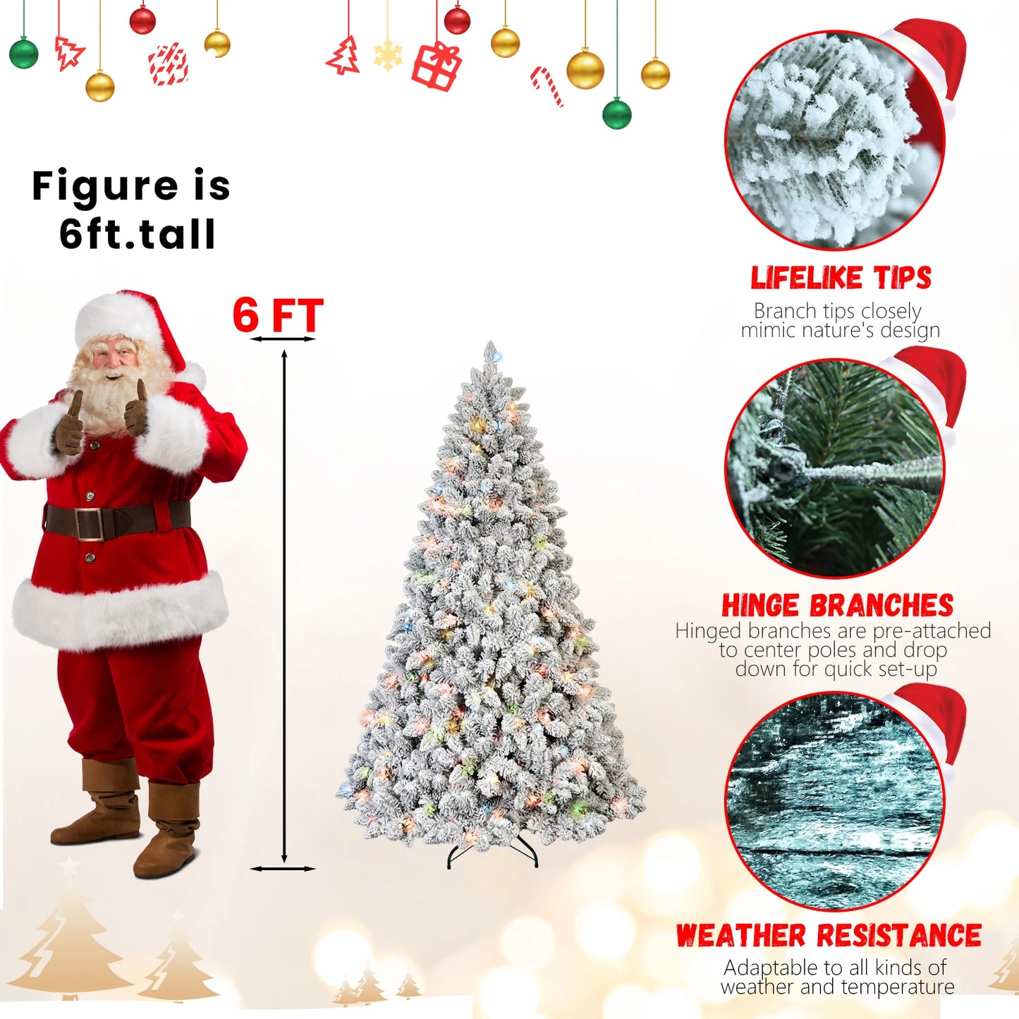 FT Pre-Lit Snow-Flocked Artificial Christmas Tree .Premium Mixed PVC Branches with Warm Holiday Lighting