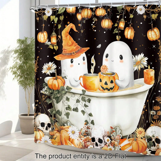 4-Piece Cute Ghost Halloween Shower Curtain Set. Waterproof Bathroom Décor with Bath Mat, Toilet Lid Cover & Rug
