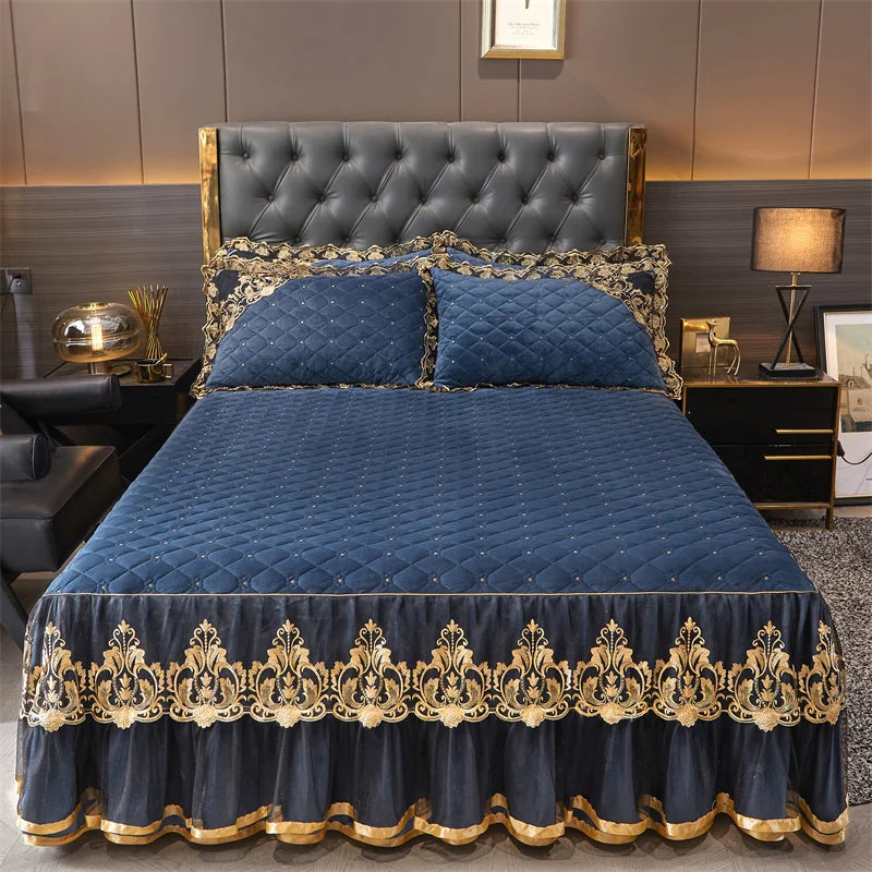 AIWINSURE-European Lace Velvet Bedspread Set, King Size, Queen Thickened Bed Cover, Soft Bed Skirt, Luxury, with 2 Pillowcases