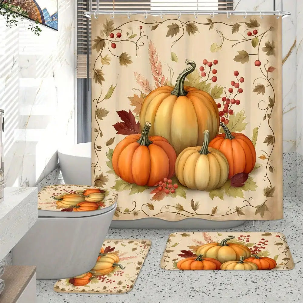 4-Piece Fall Pumpkin Shower Curtain Set – Thanksgiving Bathroom Décor with Bath Mat, Toilet Lid Cover & Rug