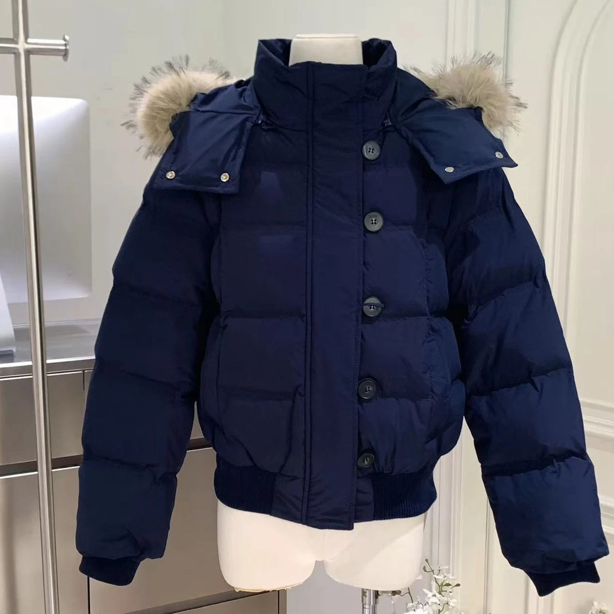 Women's Hooded Winter Puffer Jacket. Thick Padded Coat with Faux Fur Trim