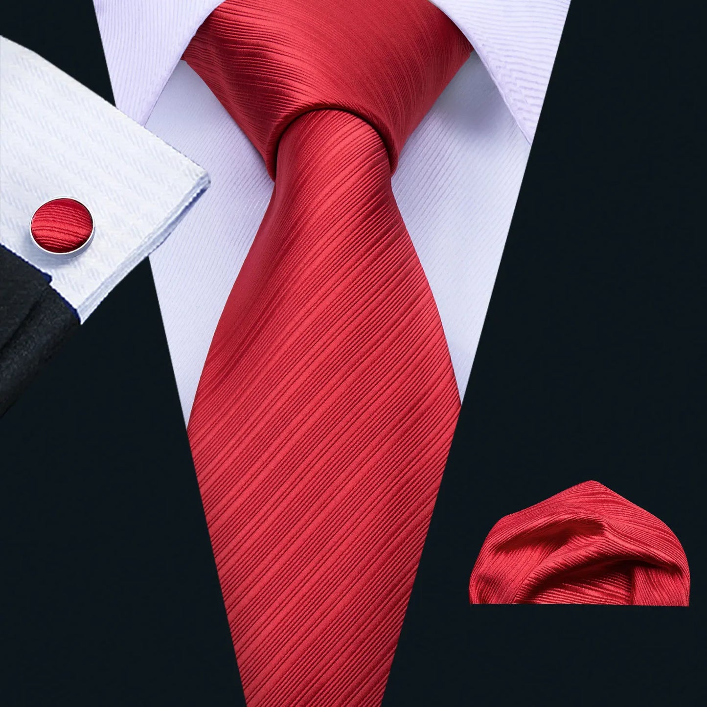 Men’s Luxury Red Striped Necktie Set. Silk Tie, Pocket Square & Cufflinks for Business, Wedding & Formal Wear