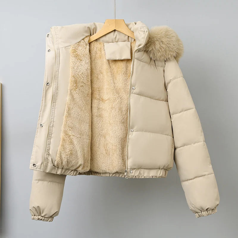 Women's Short Hooded Puffer Jacket. Cotton-Padded Winter Parka with Faux Fur Trim