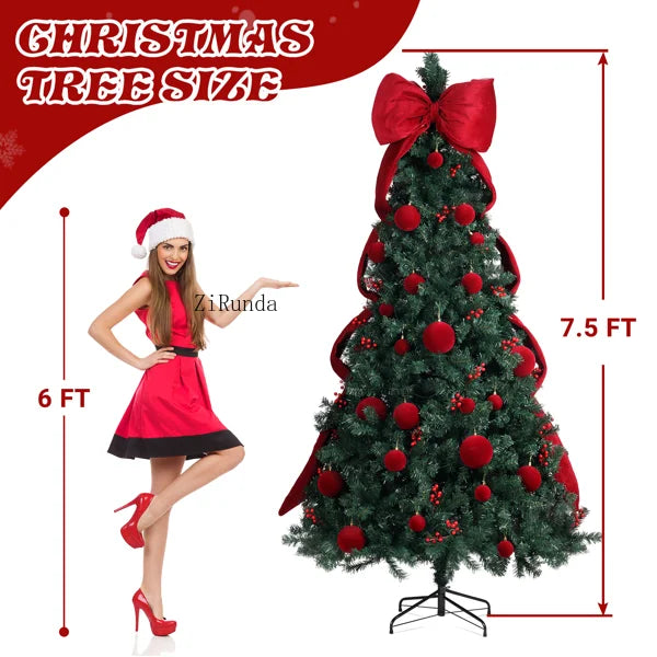 7.5 FT Pre-Lit Artificial Christmas Tree – 300 Warm White LED Lights with Red Ribbon, Holiday Home Décor & Metal Stand