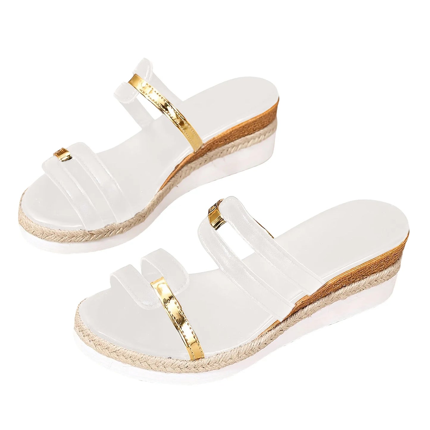 2024 Summer Casual Color Blocking Sandals For Women Dressy Comfortable Soft Leather  Thick Soled Slope Woven Straw Sandals