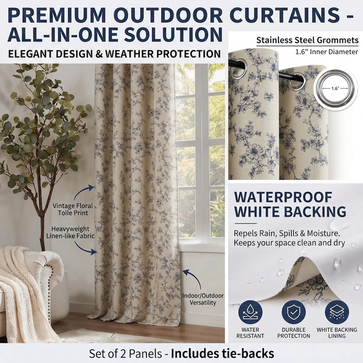 2-Panel Floral Print Blackout Curtains | Grommet Top Window Panels