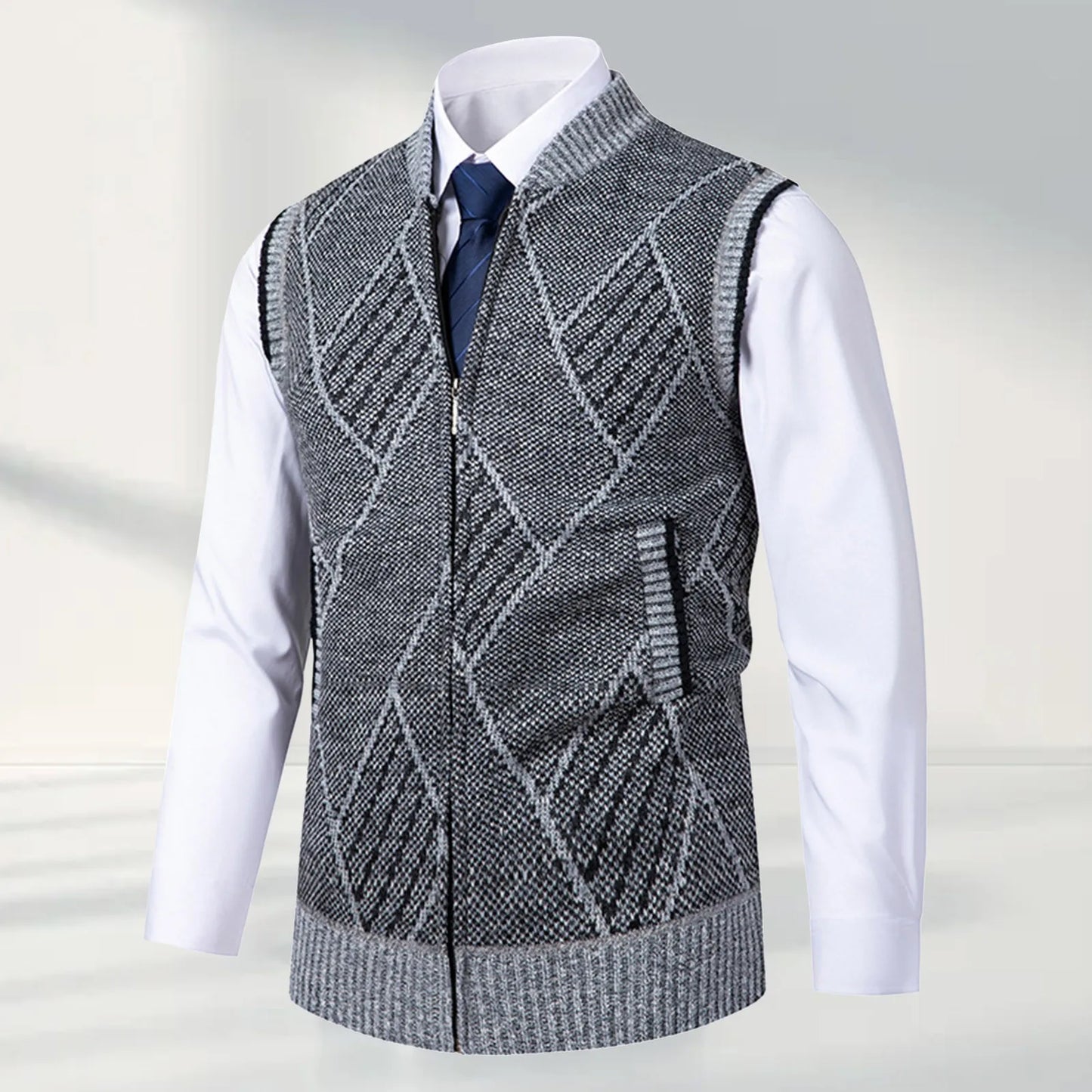 Men’s Business Casual Sweater Vest Thick Velvet Zip Cardigan