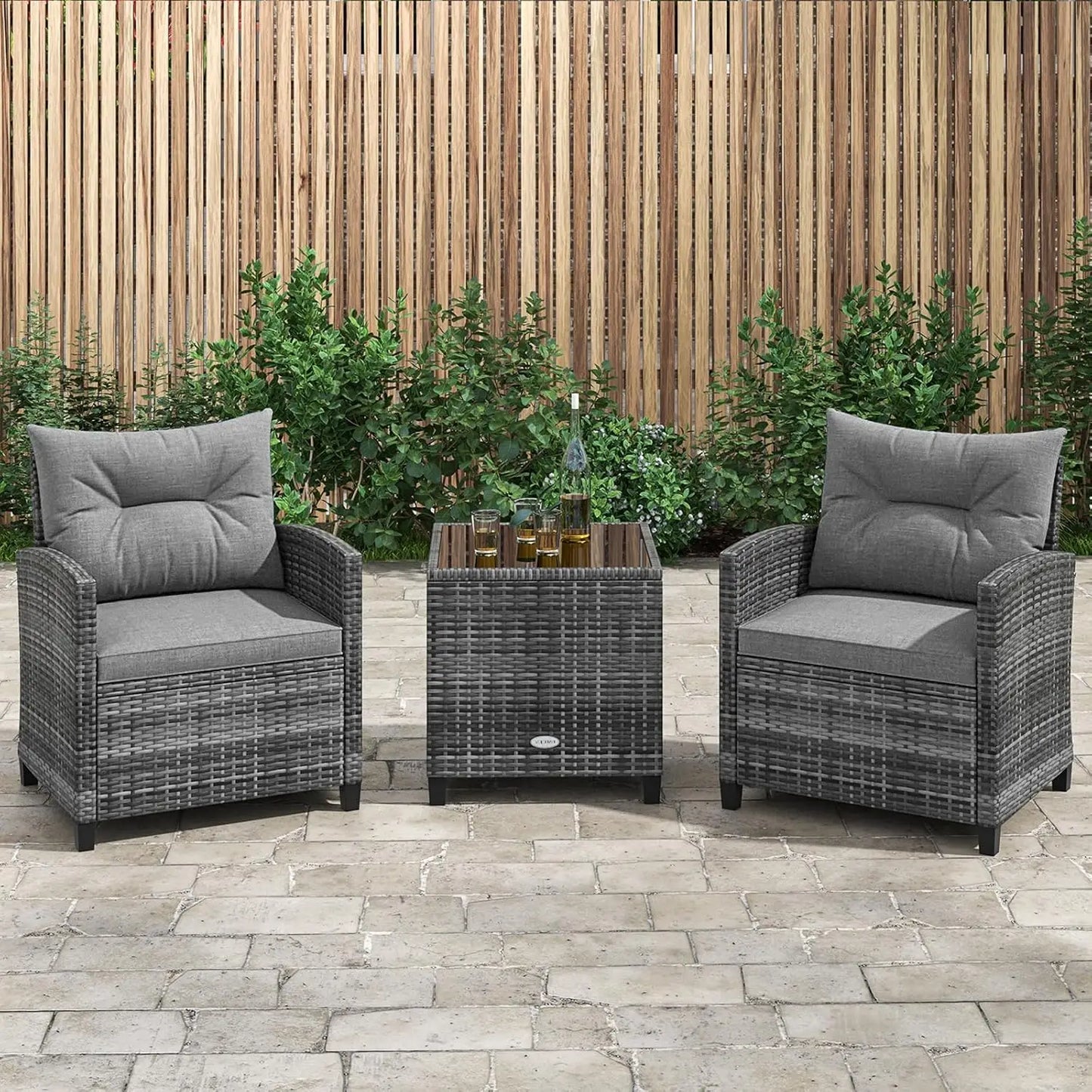 Modern 3 Piece Outdoor Patio Conversation Set with Cushioned Chairs and Coffee Table